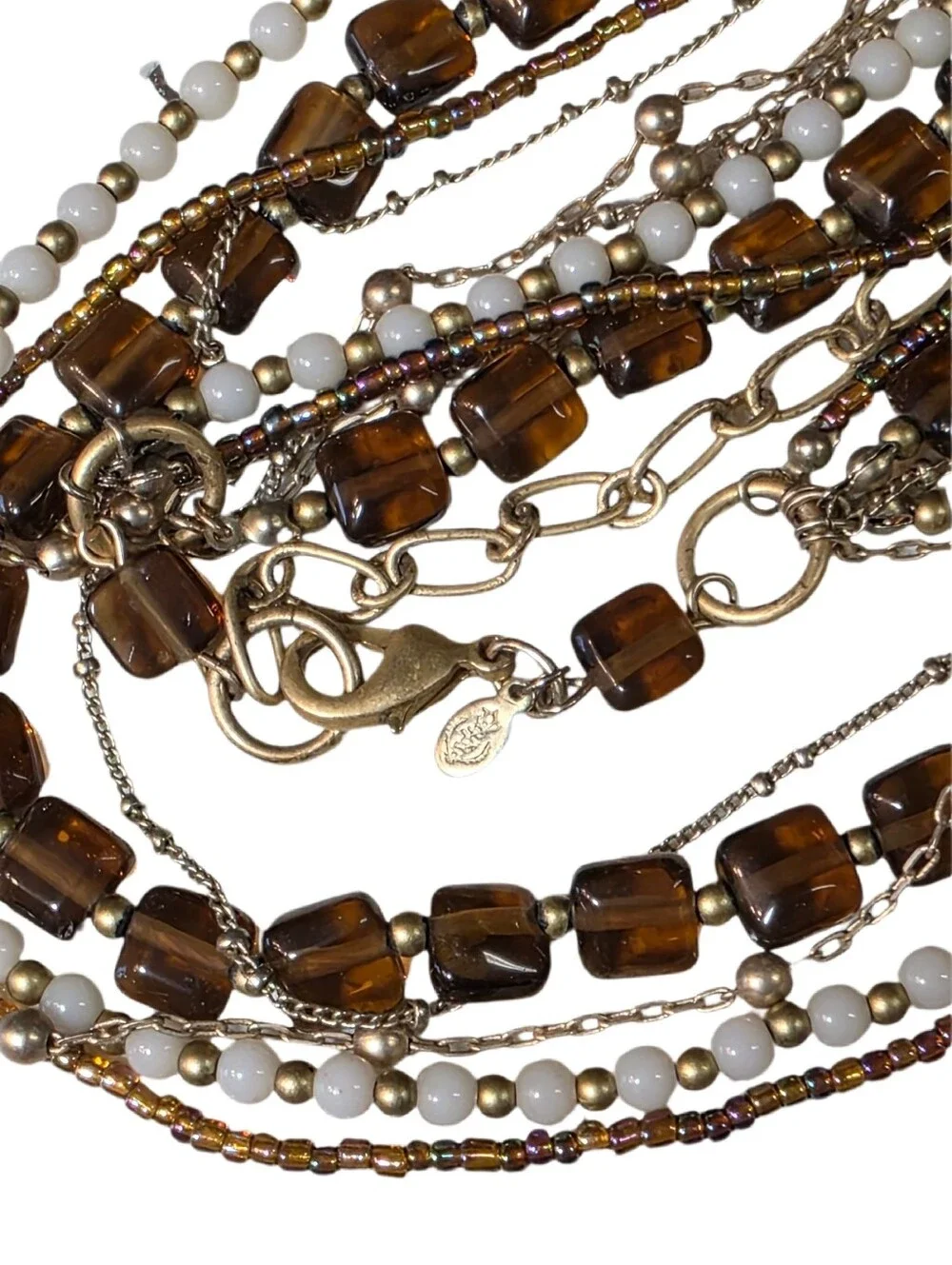 Premier Designs Multi-Strand Brown, White and Gold Beaded Long Necklace
